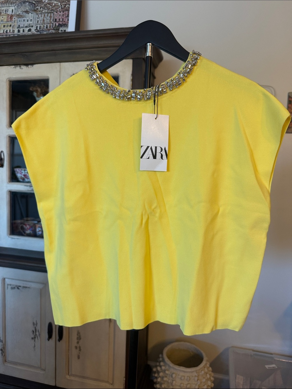 Zara Bright Yellow Jewel-Neck Cap Sleeve Top